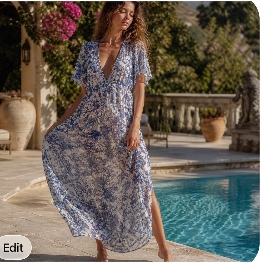 Blue White Maxi Dress Beaded Chinoiserie Coastal Cottagecore Boho Resort Flowy M